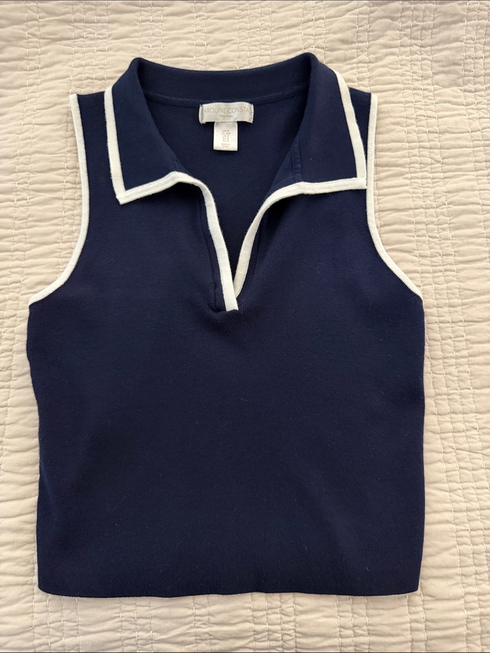 Caroline Constas Navy knit Sleeveless polo Tank with White Trim